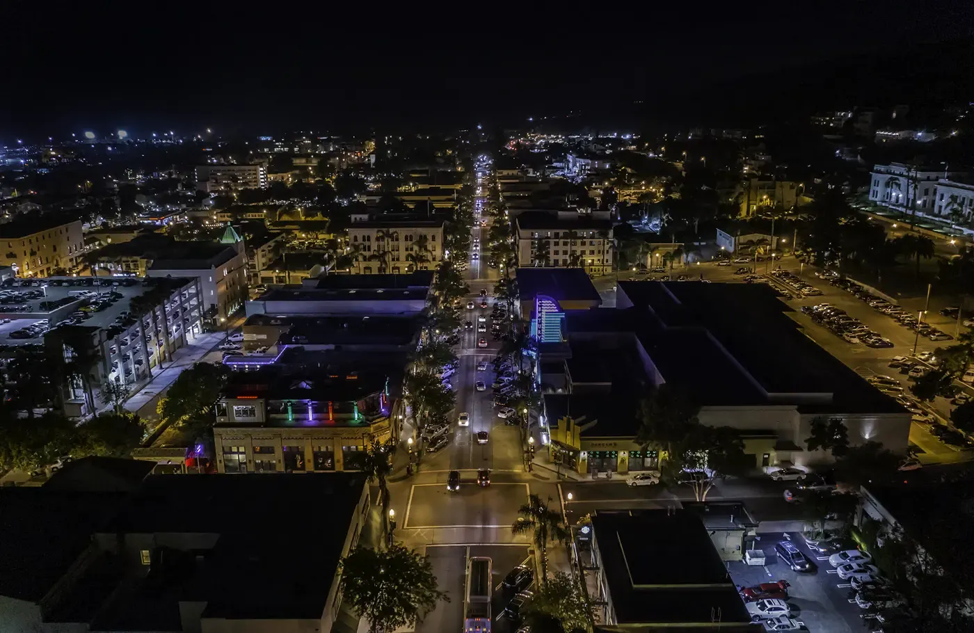 Downtown Ventura from above at night, Main Street lit down the middle